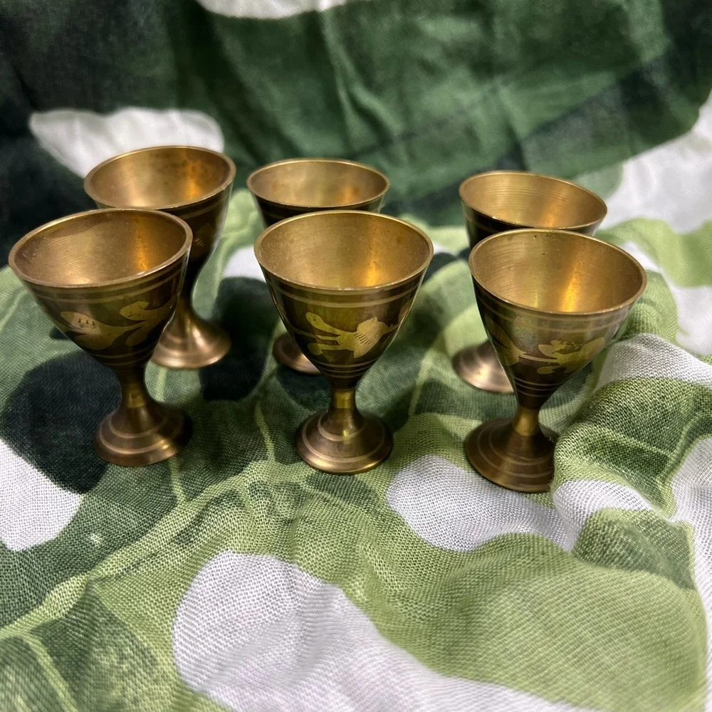 Etched 2 tone Brass Ginger Jar Urn 9” w/Lid & 6 Goblets‎ Birds, flowers, trees